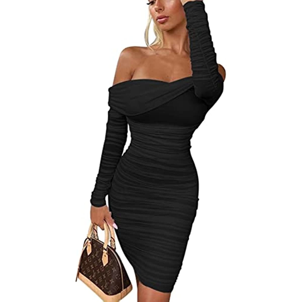 Women's Sexy Elegant Ruffle Long Sleeve Off Shoulder Ruched Party Mini Dress